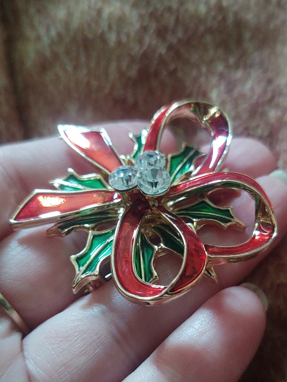 Christmas Ribbon And Holly Brooch